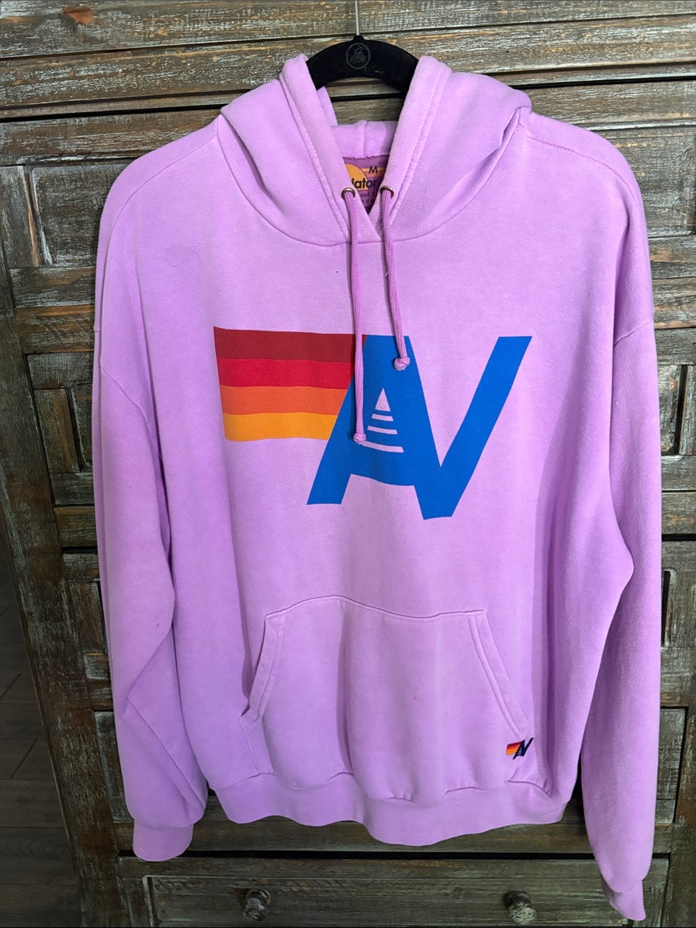 Aviator Nation Lavender Hoodie with Blue AV Logo and Rainbow Stripe